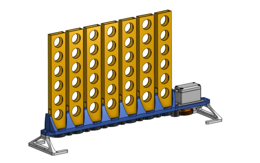 CAD of the C4 Edition Connect 4 rack with seven yellow columns, a servo and a gear train