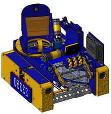 CAD of the Cheesy Jane robot with a turret and mecanum wheels