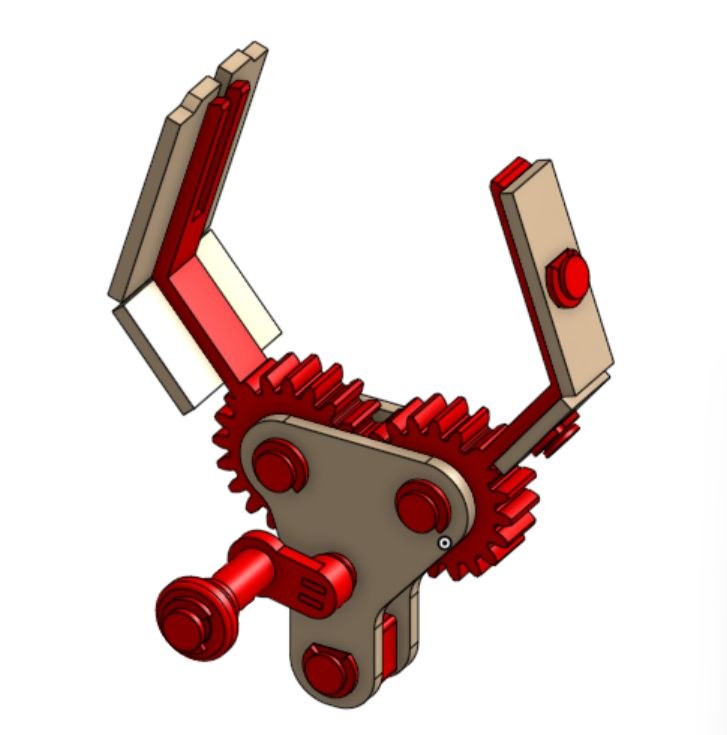 Onshape render of the Wall-E inspired claw kit: two red toothed gears drive two tan jaws from a tan plate held with red bolts