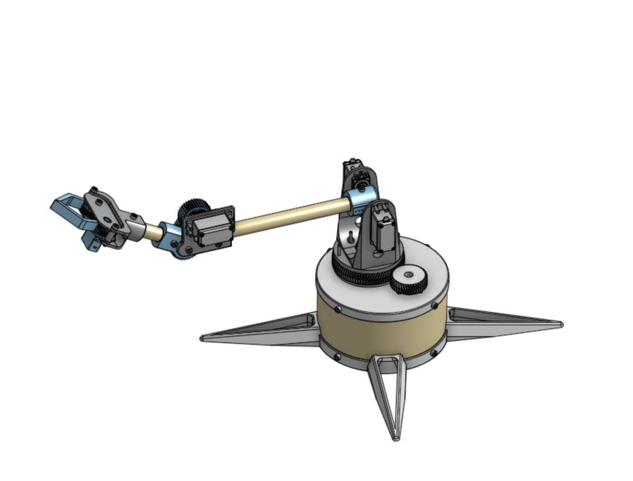 CAD of Project P.I.G., a four degree of freedom robotic arm on a round base with three legs