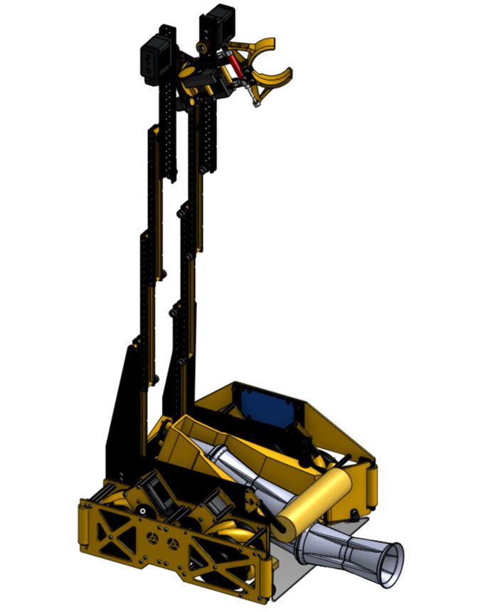 CAD of the VEX U robot with a tall telescoping lift and a claw