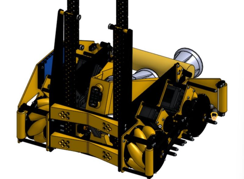 Rear view of the VEX U robot CAD with two lift columns