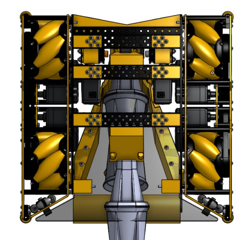 Top-down CAD of the VEX U robot with four mecanum wheels